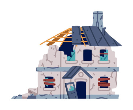 Destroyed Building after War or Earthquake Vector Illustrationのイラスト素材