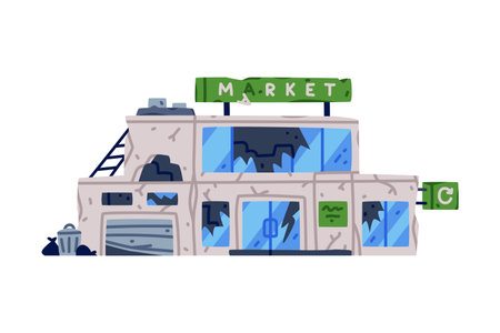 Destroyed Building after War or Earthquake Vector Illustrationのイラスト素材