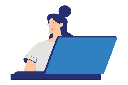 Business with Young Woman Character at Laptop Vector Illustrationのイラスト素材