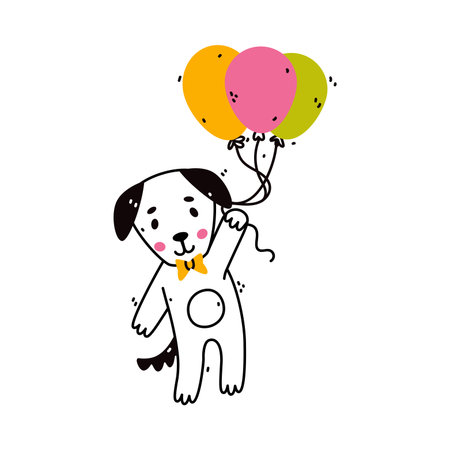 Cute Dog Animal Flying with Balloon Floating in the Air Vector Illustrationのイラスト素材