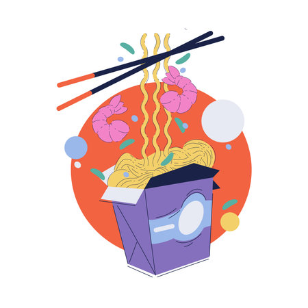 Asian Noodle in Carton Box Package with Shrimps and Chopstick Vector Illustrationのイラスト素材