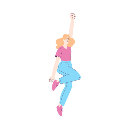 Happy Woman Character Rejoicing and Cheering with Raised Up Hands Vector Illustrationのイラスト素材