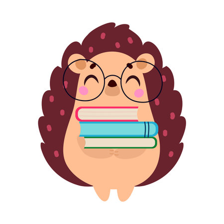 Cute Hedgehog Character Stand with Books Vector Illustrationのイラスト素材