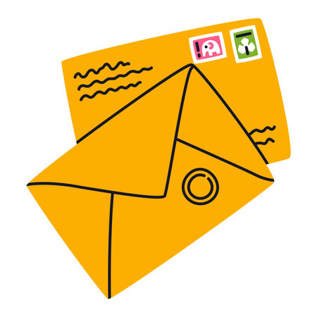 Letter Receive and Send with Yellow Envelope and Postage Stamp Vector Illustrationのイラスト素材