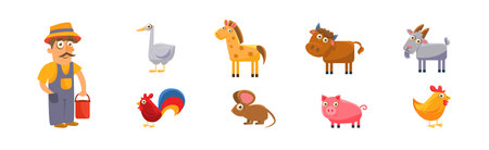 Farm Animals with Horse, Cow, Goat, Pig and Man Farmer Vector Setのイラスト素材