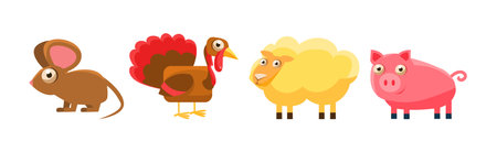 Farm Animals with Mouse, Turkey, Sheep and Pig Vector Setのイラスト素材