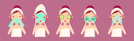 Cosmetic Care Routine with Woman Character Vector Setのイラスト素材