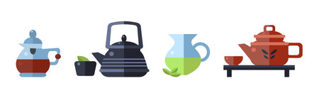 Teapot and Kettle with Hot Aromatic Tea Brewing Vector Setのイラスト素材