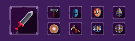 Mobile Game Icon and Object with Medieval Sword, Shield and Helmet Vector Setのイラスト素材