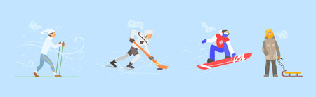People Characters Enjoy Winter and Winter Activity Vector Setのイラスト素材