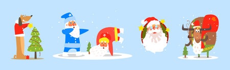 Funny Christmas and Winter Holiday Characters Vector Setのイラスト素材