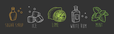 Alcoholic Mojito Cocktail Ingredients Chalk Sketch on Blackboard Background Vector Setのイラスト素材