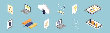 Business Infographics Element Design with Chart, Cloud Storage and Electronic Device Isometric...
