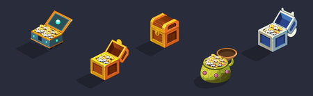 Colorful Treasure Chest Full with Riches Isometric Vector Setのイラスト素材
