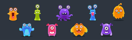 Cute Colorful Jelly Monster and Funny Aliens Vector Setのイラスト素材
