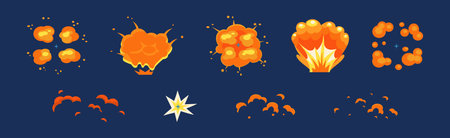 Bright Orange Dynamite or Bomb Explosion with Puff Effect Vector Setのイラスト素材