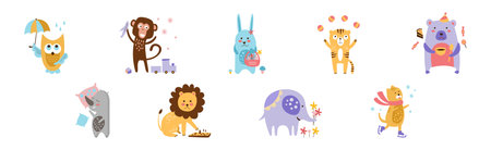 Cute Animal Character Engaged in Different Activities Vector Setのイラスト素材