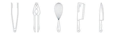 Various Kitchen Tools and Equipment for Cooking Linear Vector Setのイラスト素材