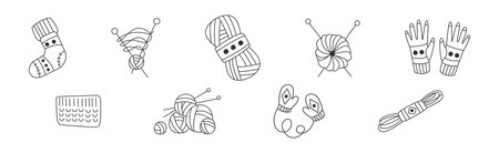 Hand Drawn Knitting Item with Yarn, Mitten and Sock Vector Setのイラスト素材
