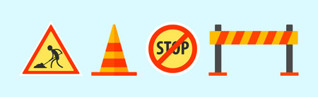 Road Work Flat Object with Stop Sign, Cone and Barrier Vector Setのイラスト素材