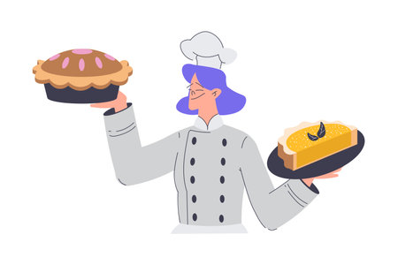 Bakery with Woman Baker Character in Uniform Hold Baked Pie Vector Illustrationのイラスト素材