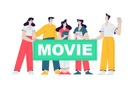 Cinema with Man and Woman Character Engaged in Movie Shooting Vector Illustrationのイラスト素材