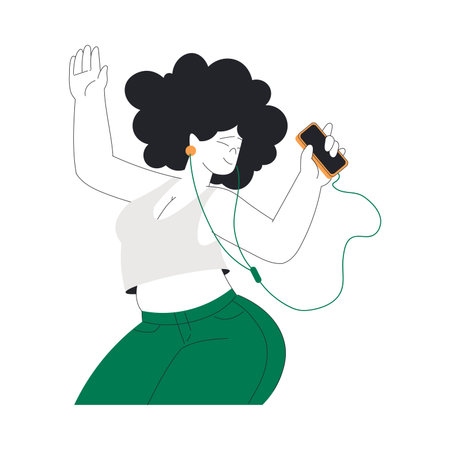 Plump Woman Character Dance Happily at Party with Earphones Vector Illustrationのイラスト素材