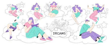 Dreaming People Characters with Their Head in Clouds Having Fancy Imagination Vector Illustrationのイラスト素材