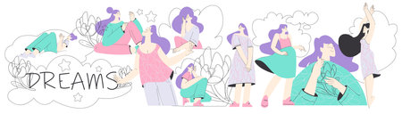 Dreaming Woman Character with Head in Clouds Having Fancy Imagination Vector Illustrationのイラスト素材