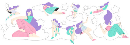 Dreaming Woman Character with Head in Clouds Having Fancy Imagination Vector Illustrationのイラスト素材