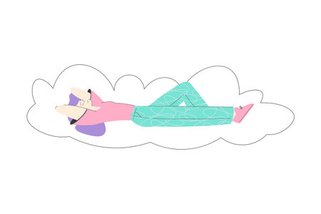 Dreaming Woman Character Lying on Cloud Having Fancy Imagination Vector Illustrationのイラスト素材