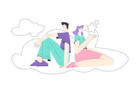 Dreaming Man and Woman Couple with Head in Cloud Having Fancy Imagination Vector Illustrationのイラスト素材