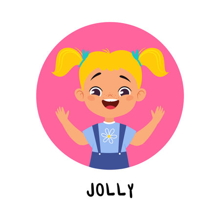 Kid Emotion with Jolly Girl Character in Round Shape Show Face Expression Vector Illustrationのイラスト素材