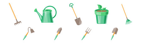 Garden Tool with Shovel, Pot, Rake and Watering Can Vector Setのイラスト素材