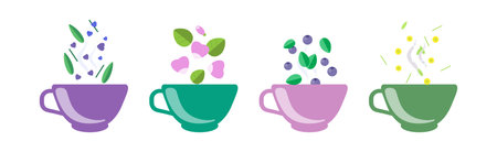 Different Herbal Tea in Cup with Ingredients Vector Setのイラスト素材