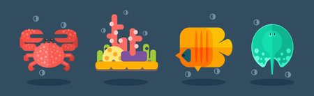 Flat Sea Life and Marine Animal Vector Setのイラスト素材