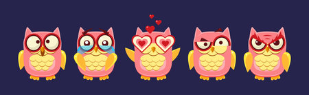 Funny Owlet Bird with Feathers Have Face Emotion Vector Setのイラスト素材