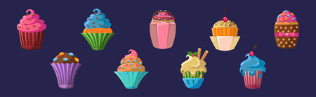 Cupcake Baked Sweet Dessert with Cream and Topping Vector Set