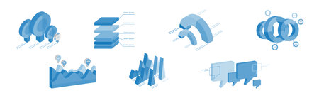 Blue Isometric Infographic Elements with Chart and Diagram Vector Setのイラスト素材
