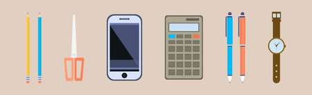 Desktop Object with Pencil, Scissors, Smartphone, Calculator, Pen and Watch Vector Setのイラスト素材
