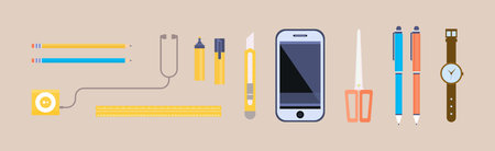Desktop Object with Pencil, Earphones, Knife, Smartphone, Scissors, Pen and Watch Vector Setのイラスト素材