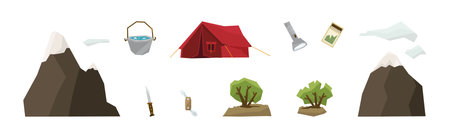 Camping and Tourist Equipment and Travel Accessory Flat Vector Setのイラスト素材
