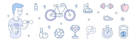 Fitness and Sport Thin Line Icon and Pictogram Vector Setのイラスト素材
