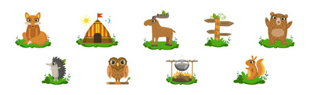 Cute Woodland Animal Character Camping in Forest Vector Setのイラスト素材