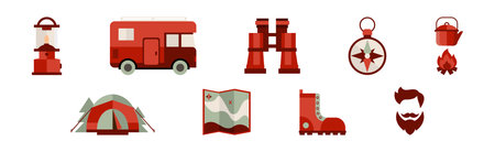 Camping Flat Red Icon and Expedition Element Vector Setのイラスト素材