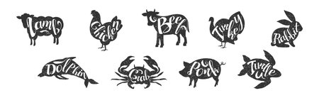 Black Animal Silhouette with Inscription Inside Vector Setのイラスト素材