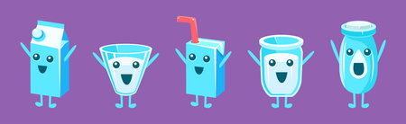 Milk Container Funny Character with Face on Purple Background Vector Setのイラスト素材