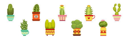 Green Spiky Cactus Plant Growing in Ornamental Ceramic Pot Vector Setのイラスト素材