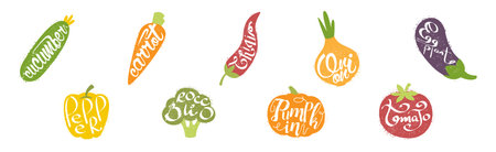 Bright Vegetables Silhouettes with Lettering Inside Vector Setのイラスト素材