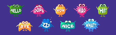 Monster with Words In Mouth Funny Character on Blue Background Vector Setのイラスト素材